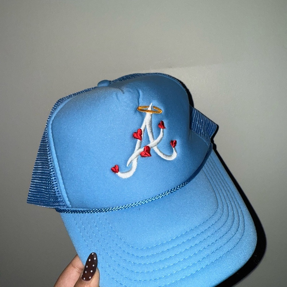 Blue Trucker Hat with Embroidered Design